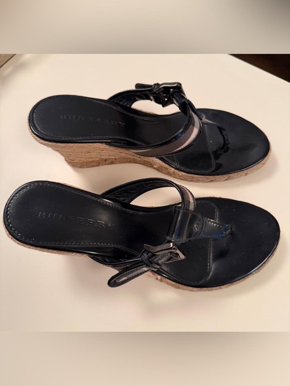 Burberry Wedge Sandals |Black Patent Leather Nova Check Strap Espadrille Size 8 - Picture 10 of 10